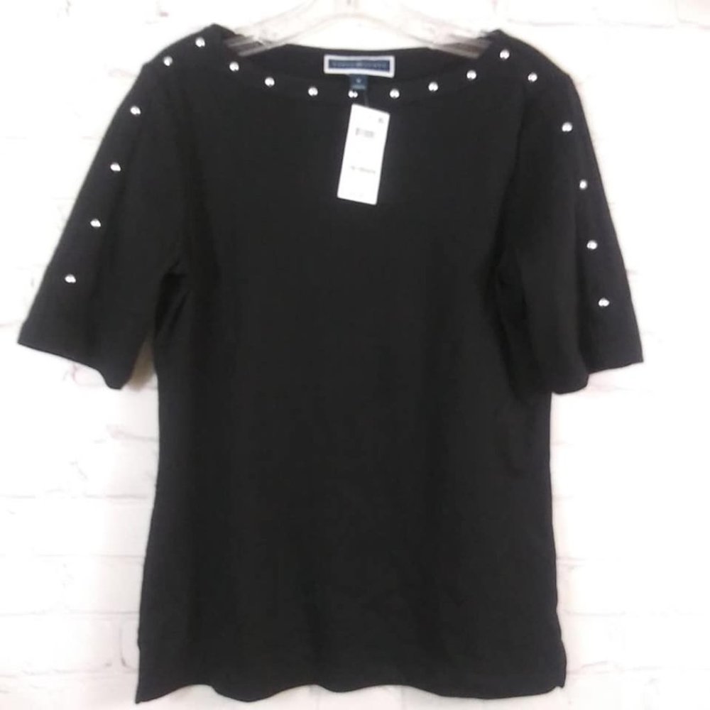 Karen Scott Sz S Studded Elbow Sleeve Top Blouse - Picture 2 of 5